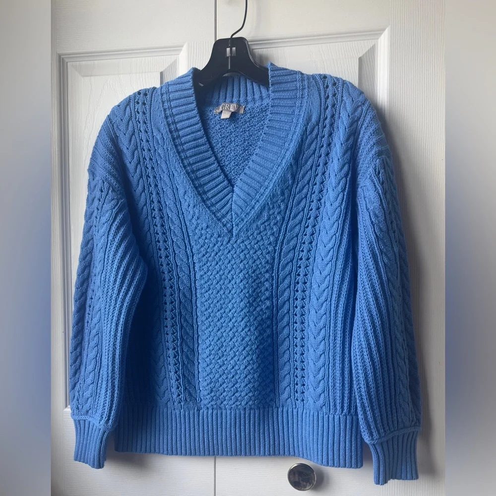 J.Crew Blue Cable Knit 100% Cotton Vneck Pullover Sweater Sail Blue Size S